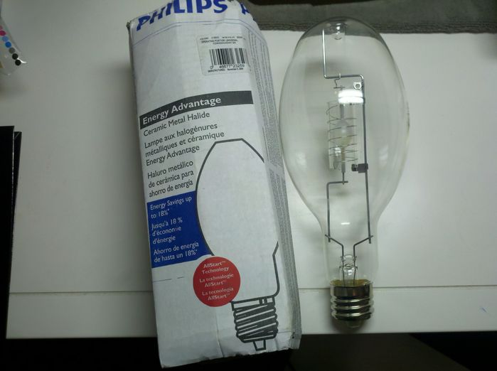 Philips 330w Ceramic Metal Halide retrofit for 400w MH ballasts
Finally found one for just $25 on the bay and this INCLUDES FREE SHIPPING! These are expensive lamps, so this is a steal. What's unique about the Philips CMH Energy Advantage line is that they have AllStart technology allowing them to fire up on standard probe start ballasts without ignitors. I don't know how it works, there is no ignitor inside that I can find. Hope someone knows!

I found it will not easily start on a mercury vapor ballast, but I got it going with the help of a BBQ ignitor. It is very bright and has a pleasant color rendering. USA made too!
Keywords: Lamps