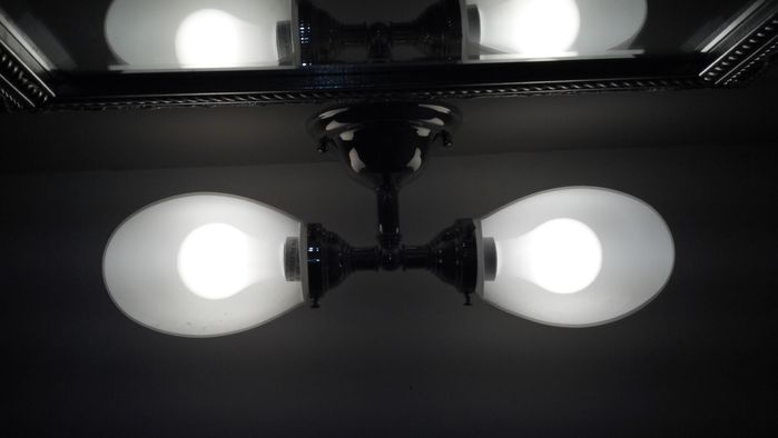 Looking up with glass rotated.....
Exposes it's classical incandescent lamps....those are rated for 100 watt lamps!!!! So this fixture alone........actually would be 200 watt total!

FGS's pic makes it look like it had CFL.....for the 3rd time....HOW MISLEADING!
Keywords: Indoor_Fixtures