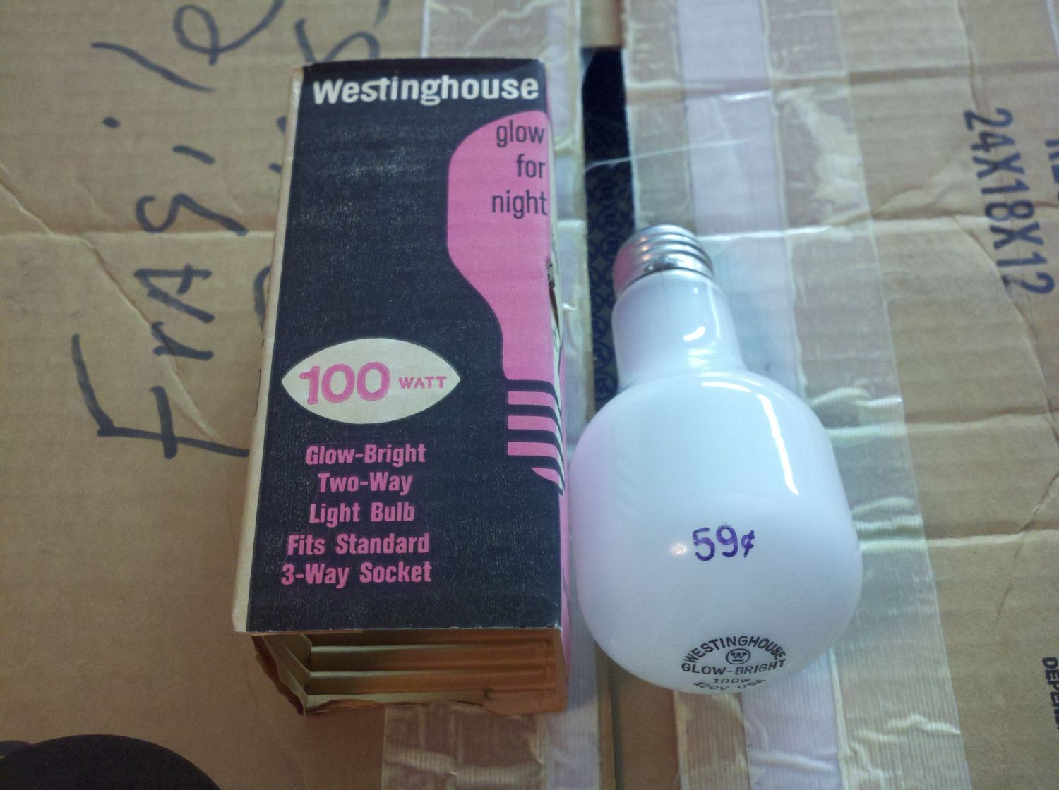 Westinghouse Glow-Bright 100w 2 way bulb VERY RARE!
It is labelled as a 3 way but it works just like a 3 way. It has 2 filaments, a 7w night light mode and a 100w main light mode. Technically this is a 7-100-107w, but the 7w filament adds so little light in the third setting you can't really notice it is any brighter. The 7w filament is a straight single coil C-6, the 100w filament is a CC-6.
Keywords: Lamps