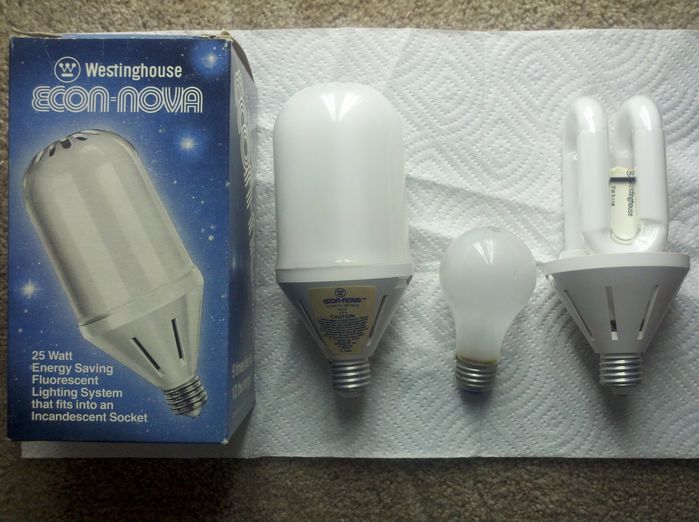 Westinghouse Econ-Novas America's FIRST CFL!
Finally acquired two of these beauties. These things are HUGE! I included a Westy incandescent bulb for comparasion. Only made between 1981-83 before being killed off by Phileeps.
Keywords: Lamps