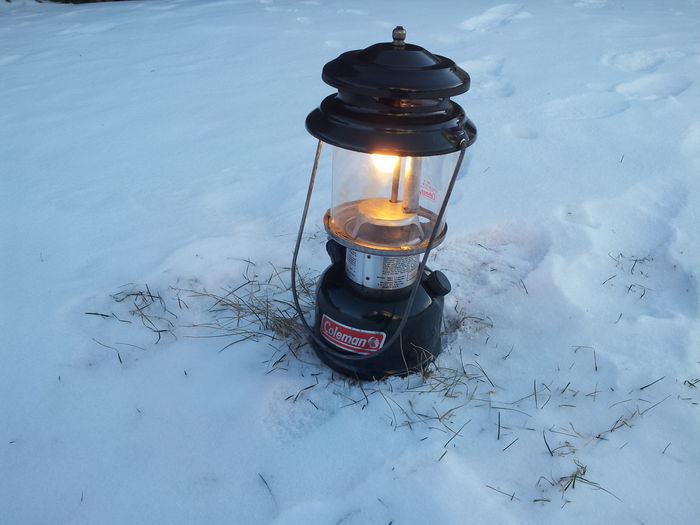 Coleman 286 single mantle gas lantern in the harsh cold of Canada!
You have here something I wanted since I was 6, a Coleman lantern! It's cold this afternoon, around -15C, and she started pretty well!

Note the obvious lack of snow. This winter we have little snow but it's cold. Temperature went down to -30C a few nights ago! It's getting warmer later this week but by the weekend we'll be back into polar cold!

Here's another view of the lantern:

[img]http://i1193.photobucket.com/albums/aa349/M400APowrDoor/20130127_153836.jpg[/img]
Keywords: Lit_Lighting