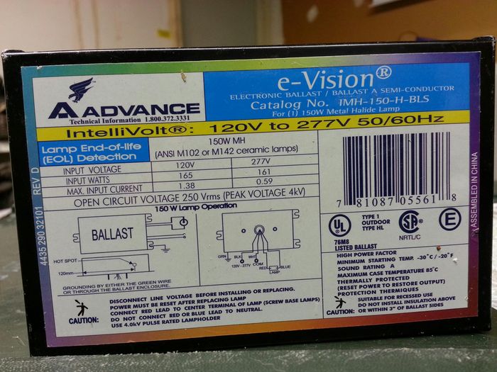 Advance e-Vision 150W MH intellivolt ballast
I know this one is similar to the other one I've posted, its just slightly older before they re-designed the label although I have to say I like how this one looks better

I have about 5 of these up for grabs free, $10 shipping per ballast and $20 outside of the US 

I have tested them all for about 10 mins each and they work great! I also have lamps available both CMH 4000K and QMH 
Keywords: Gear
