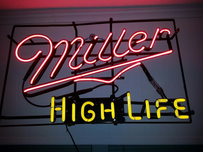 Miller High life
found this in the trash, the neon was broken in 3 places, took it to the neon guy AL and he ficed it in a month for $150
makes a really nice party mood 
Keywords: Lit_Lighting