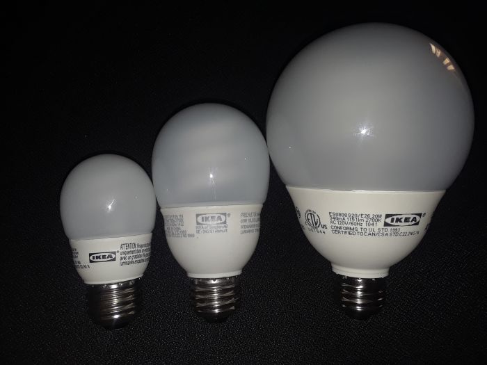 Small Medium and Large Ikea CFLs 
The small one is a 7w CFL that i was given.
The medium one is a 11w CFL i got at Ikea a few years ago. (Sometime around when they discontinued CFLs)
The large one is a 20w CFL i got at a restore for a dollar.
Keywords: Lamps