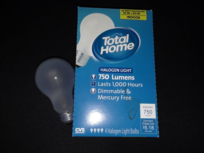 Total Home 43w Halogen Bulbs
Got two 2-packs for 2 dollars.
I think these might be made by GE.
Keywords: Lamps