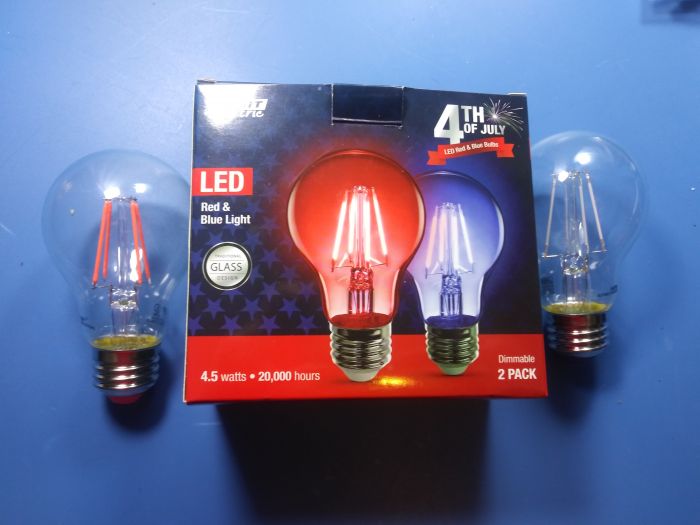 Feit Electric Red and Blue 4.5w LED Filament Bulbs
Got these on February 10 2018
Keywords: Lamps