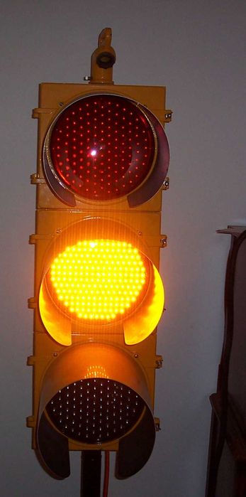 My Eagle 12" LED Lense traffic signal from eBay
This is the traffic signal I bought from eBay about 13 years ago 
Unfortunately I no longer have this signal (I wish I still did though) as I had to move into a smaller apartment 
Yellow on for caution
Keywords: Traffic_Lights
