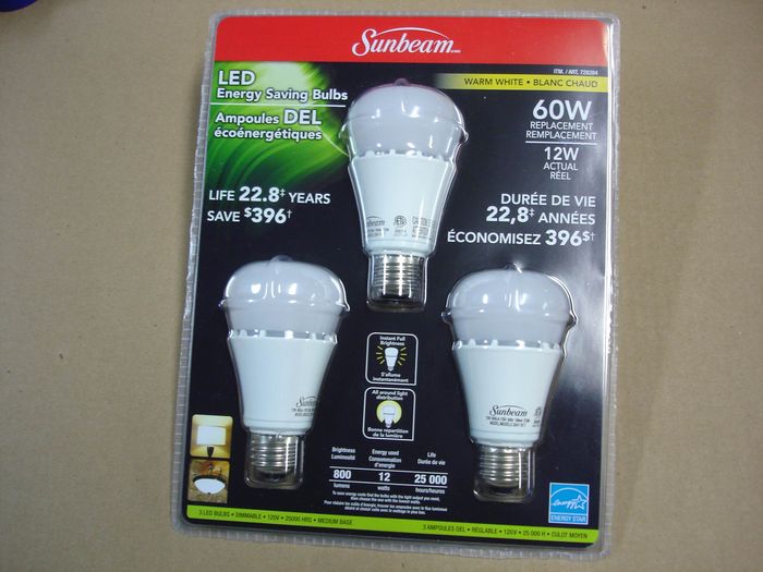 Sunbeam 12W LED
Here is a 3 pack of Sunbeam dimmable 12W LED lamps,these are supposed to be equal to 60W incandescent lamps.

Made in: China

Manufactured: Oct 2014
Keywords: Lamps