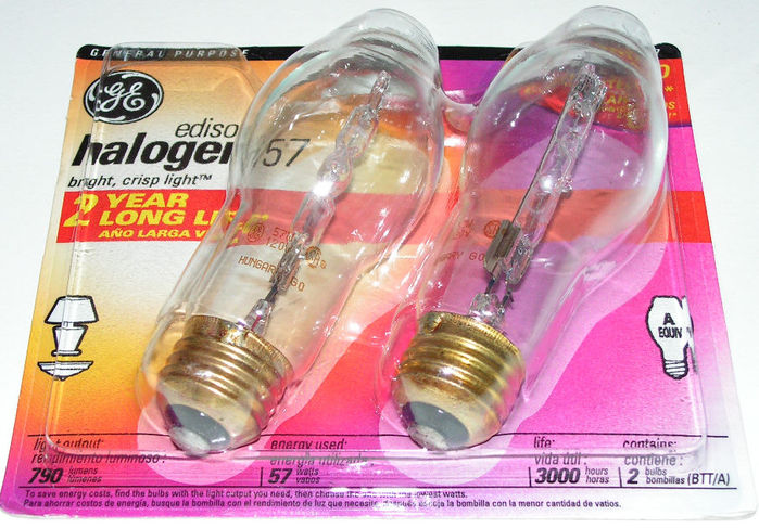Wow, I saved 3 watts: GE Edison 57w halogens
They saved 3 watts per lamp on these newer GE halogens and reduced lumens from 900 to 790(filaments also look kinda thin) - rather a rip-off, I think. I bought a number of these as replacements for my Halogenas now that the double-ended capsules are starting to become scarce (and I don't care for the single-ended capsule versions), but didn't notice the lumen reduction until I studied the package after I bought them. I hope these lamps work out OK...I have some 2nd generation 60w GE's that are doing fine, but my two 1st generation ones (with only one pinch in the capsule) blackened quickly and died early.
Keywords: Lamps