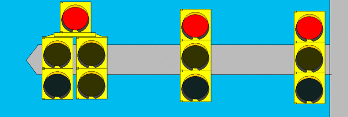 Five-Section Flashing Yellow Arrow
Here's the less-common version of the Flashing Yellow Arrow signal. This version used 5 sections in the traditional "Dog House" format. It was a concept signal that was banned by most juristictions. 
Keywords: Traffic_Lights