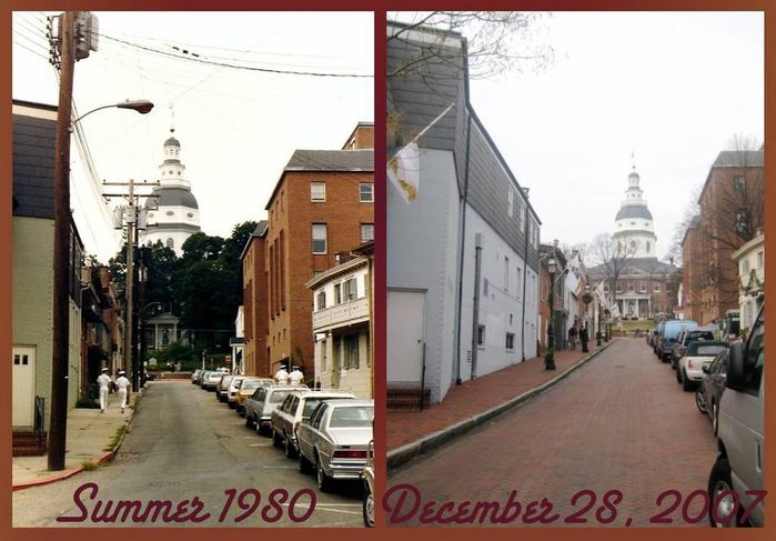 Before and After front of MD Capital building! 
This is before and after! On the left was dated to Summer of 1980 and the right was in December 28, 2007. 

Note there was powerline poles with a Silverliner and in the distance was a incandescent Line Materials Gumball on a 4 foot upsweep arm with external wiring (probably already parallel....) 

In after picture...the powerlines are gone! 
Keywords: American_Streetlights