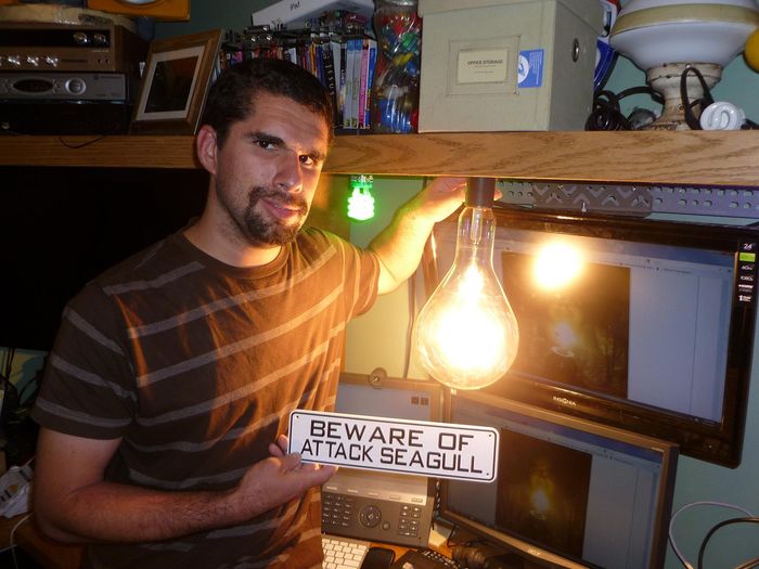 Beware of Attack Seagull!
Jace and his 1500w incandescent lamp. I gave him the attack sign for his birthday which is next week. The lamp has a lot of inrush current. Made some fluorescent lights and a 35w HPS light cycle.
Keywords: Light_Humor!
