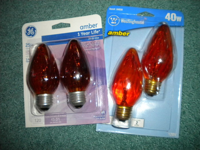Amber Flame-Shaped Bulbs
Also got these for Christmas. The ones on the left are GE 25W ones, and the ones on the right are Westinghouse 40W ones. The GEs have the flame pattern cut into the glass, and the Westinghouse ones are plain. Pretty cool lamps; I've always wanted some of these amber ones.
Keywords: Lamps