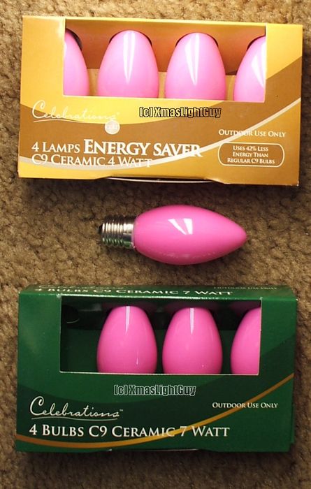 Pink C9 Christmas Bulbs
C9 sized Xmas bulbs .. in Pink! An interesting color you don't see around.
(both packs are the same color, just the way the light hits it makes one look darker)
Keywords: Lamps