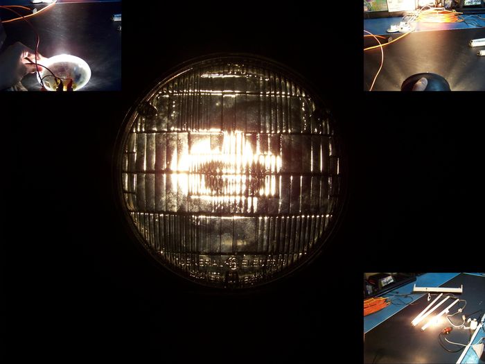 CGE Sealed beam - Details of performances
Here you go Devonte, the CGE 4001 sealed beam on a car battery!

The main picture shows the lamp lit viewed from front. This time I centered the beam right on the camera lens, so the filament doesn't look off-centered LOL. The upper left picture shows the beam cast on a uniform black surface, compared to the beam of a PAR36 35W sealed beam at upper right, always cast on a uniform black surface. The lower right picture shows the shape of the beam. It takes the shape of a bar when cast on greater distances.
Keywords: Lamps