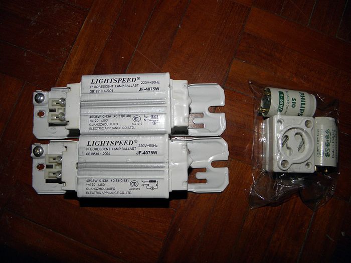 F36T8 Control Gear
Here's some typical ballasts (and starters) used with the common F36T8 lamp in HK like other 240V countries. The F36T8 is a preheat lamp designed as a drop in replacement for the F40T12 which is why they don't have the F32T8 overseas. Anyways preheat is still common overseas since the higher voltage allows them to use simple chokes (like in our F20 lumes) for longer lamps. Oh and speaking of fluorescents T12s, Slimlines, HO/VHO, and rapid start designs are no where to be seen in HK. Most fluorescents are either T8 or T5 with the odd F40T10 here and there.  

There's some five and six footer bipin T8 on the subway system in HK though. 
Keywords: Gear