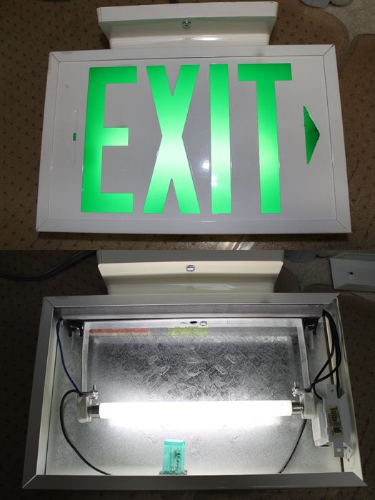 Exit Sign Retrofit
Here's a inside shot of the exit sign I retrofitted 3 years ago to F6T5 fluorescent. It used to use two 15w T6 incandescents. 


The retrofit kit I made is a pretty crude one and I think I might rework it over the summer. Right now the starter socket is dangling inside and the wire colours are wrong. Also the lamp is off centre xP. The ballast is bolted to the sign body and is a PL 5-9 ballast that works pretty well with mini T5 lamps. 
Keywords: Gear