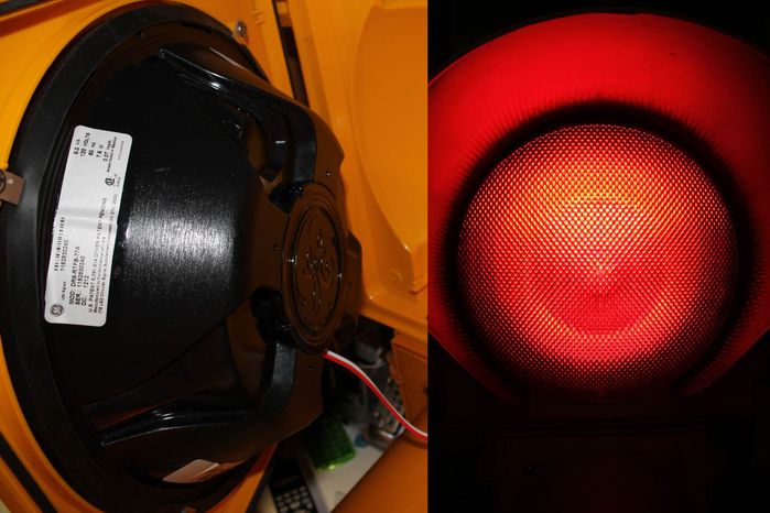 GE GT-X Red LED
Here's a shot of a GE GT-X red LED installed in the red section of my Econolite 12-8-8. This LED module replaces the existing red lens and reflector assembly. 
Keywords: Traffic_Lights