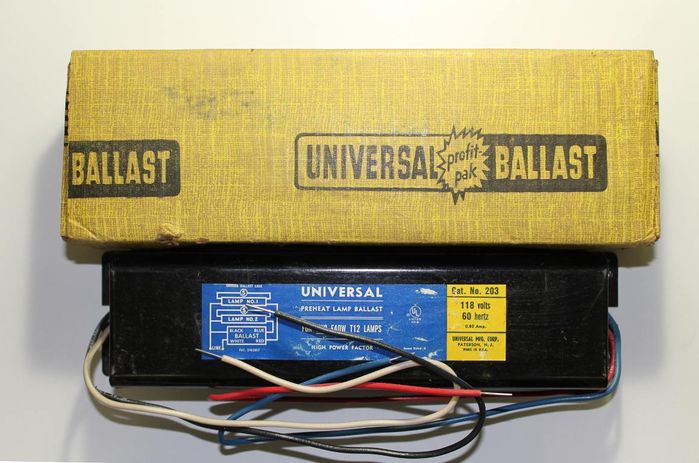 Universal F40T12 Preheat Ballast
Well, my Universal two lamp F40T12 preheat ballast I mentioned last week arrived today. It's a NOS one from February 1975 and has short leads. Interestingly Universal made at least two types of F40T12 two lamp preheat ballasts. One being this type in the pic and the other is the more common one with the lead lamp's starter connecting to a starting compensator inside the ballast. 

Even though this ballast dosen't have a starting compensator, the lamps as confirmed by a flash pattern check are run in lead-lag though. Kill-a-Watt said it drew 0.78A, 93W at 120v while running a pair of nearly new Sylvania 40w (no 34w suckers on this ballast) premium cool white lamps. Ballast is fairly quiet too, for a class B rated one. 

Right now I don't have any plans for this ballast unless I come across a nice vintage fixture for it that was originally preheat. If I starting using it though, I'll probably add a 1A fuse on it as it dosen't have thermal protection (are preheat ballasts exempt? as my RS ballasts from that era all have thermal protection). 

Oh and it also came with this pamphlet advertising Universal's rapid start ballast conversion kit:

 [url=https://dl.dropbox.com/u/102661519/Lighting/GoL_Pics/CCF030513_00001.jpg][img]https://dl.dropbox.com/u/102661519/Lighting/GoL_Pics/CCF030513_00001_M.jpg[/img][/url] 

Anyone have or seen such as kit? 
Keywords: Gear