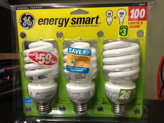 Price Lowered By PGE?
Hmm, found these CFLs at my local dollar store. Interestingly they have a sticker on them that says they were partially subsidized by PGE, a utility in California. I'm guessing they were closeouts from CA that the dollar store bought. 
Keywords: Lamps
