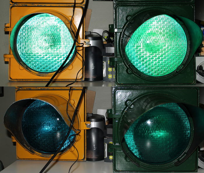 Glass vs Poly Lenses
Here's a shot of the difference between glass and older poly lenses. You can see that the glass lenses have more blue to them compared to the plastic lens. Later plastic lenses had more blue like the glass lens. Both signals are CGE heads with 60w signal bulbs. 
Keywords: Traffic_Lights