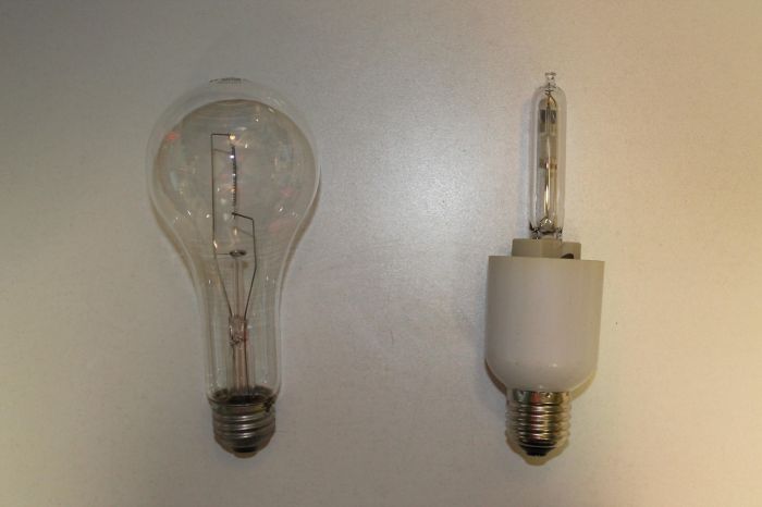 Gumball Refit
Here's a comparison of the 200w clear incandescent my gumball was designed to run and the 35w CMH I converted my gumball to run. I used a E26 to G12 adapter and remote ballasted my gumball. 
Keywords: Lamps