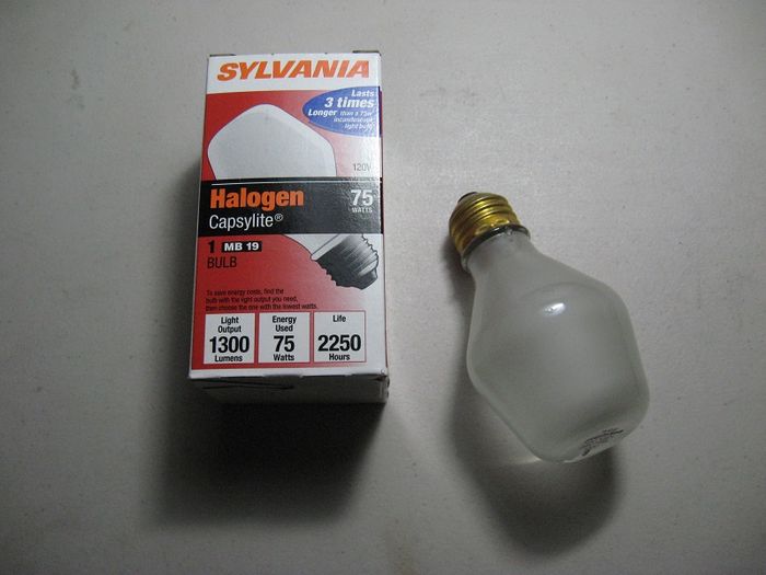Sylvania Capsylite 75 watt
75 watt Sylvania Capsylite Halogen replacement for standard incandescents. 
Keywords: Lamps