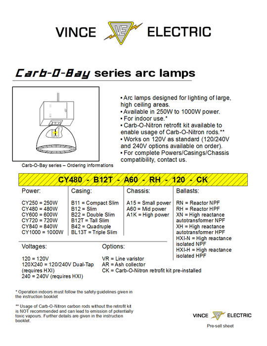 Carb-O-Bay series - Datasheet.
Here is another line of arc lamps, expected to be developed and released when the SilverArc series is going to have a reliable design and an efficient production process.

The Carb-O-Bay lamps will use a different casing, but the same internal chassis. This is also the series that'll allow the use of salt-containing carbon rods by installing a retrofit kit. This kit is basically going to improve the sealing of the internal globe so that almost no fumes can get out.

Note the illustration is a quick representation of what a fixture from that series will roughly look like.
Keywords: Indoor_Fixtures