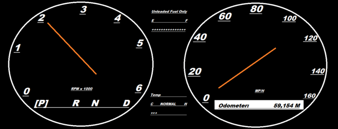 Revised Optitron Instrument Cluster
the new optitron trades the cluttered arrangement of the old one with a neater one.

the color scheme has been simplified from a 3 Color arrangement to a 2 color one.

the Gear indicator has been moved from between tachometer and speedometer to the bottom of the Tachometer's face with the manual mode and its indicators removed,the fuel and tempeture gauges are now indicators instead of traditional analog gauges,the odometer is moved from below the gauges to the bottom of the speedometer face.
Keywords: Miscellaneous