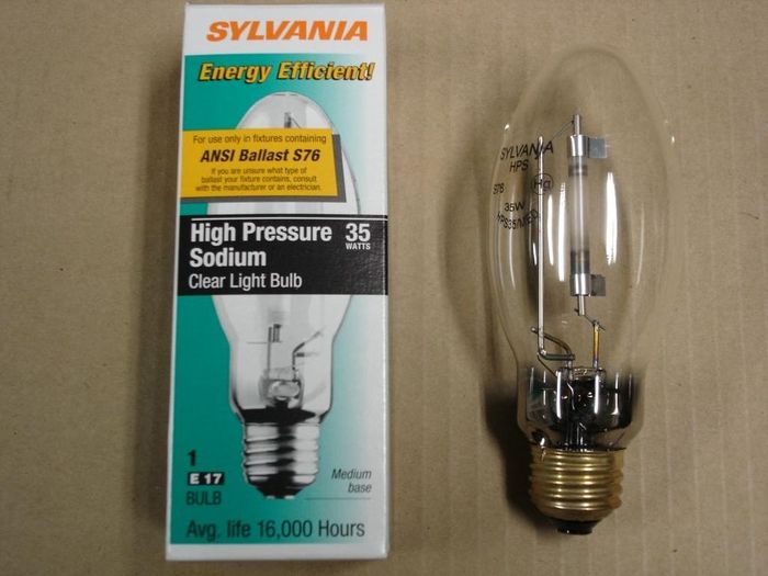 Sylvania 35W HPS
A clear 35W medium base HPS lamp.
Manufacture date: May 2006
CRI: 22
Lamp shape: E17
Made in: USA
Lamp life: 16000 hours
Keywords: Lamps