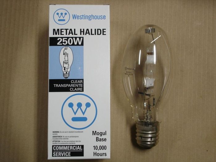Westinghouse 250W Metal Halide
A clear 250W fake Westy metal halide lamp.
Manufacture date: Date code WRD 2EE
Lumens: 21000
Base: Mogul E39 
Lamp shape: ED28
Made in: India
Lamp life: 10000 hours
Ballast: M58
Keywords: Lamps
