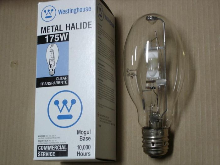 Westinghouse 175W Metal Halide
A clear 175W fake Westy metal halide lamp.
Lumens: 14400
Base: Mogul E39
Lamp shape: ED28
Made in: India
Lamp life: 10000 hours
Ballast: M57
Keywords: Lamps