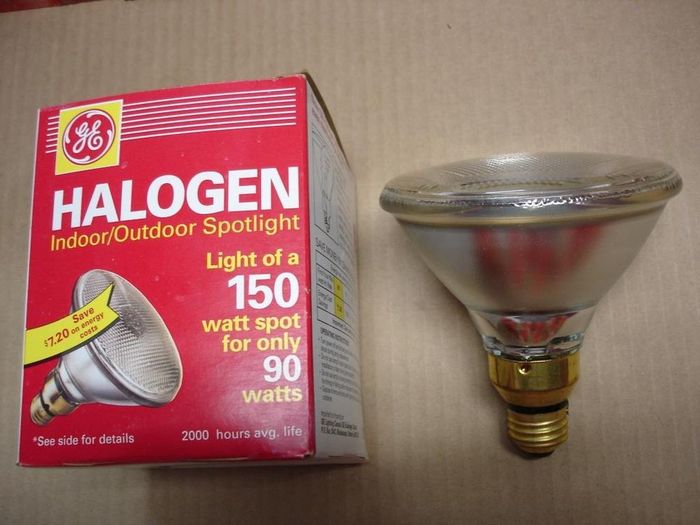 GE Halogen Spot
Here's a 90W GE energy saving halogen spotlight that gives whiter brighter light for 40% less energy.
Voltage:  120V
Date: Date code 85
Lamp life: 2000 hours
Filament: CC-8
Lamp shape: PAR38
Base: Medium E26 brass with skirt
Keywords: Lamps