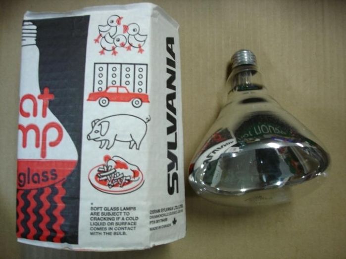 Sylvania Heat Lamp
A clear Sylvania 250W infrared heat lamp.
Voltage: 115-125V
Date: 80's
Filament: CC-6
Lamp shape: R40
Made in: Drummondville,Quebec Canada
Keywords: Lamps