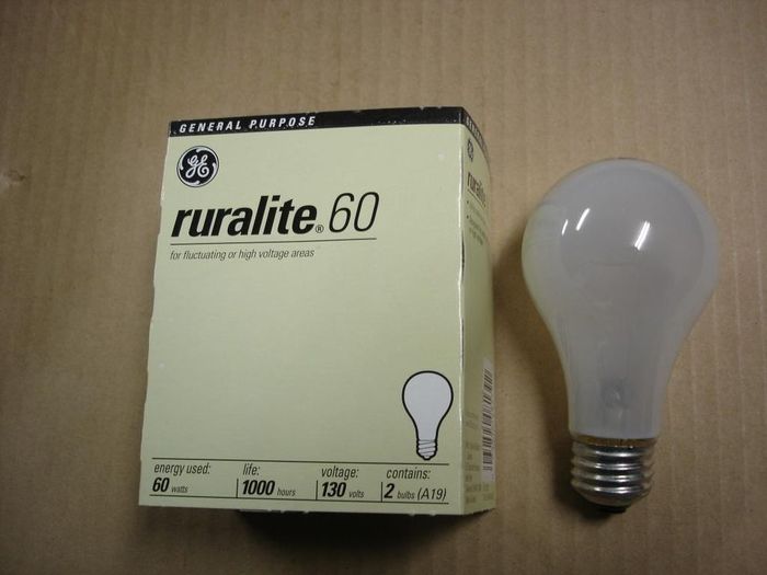 GE Ruralite
A pack of Canadian made 60W rural service lamps.
Voltage: 130V
Lamp life: 1000 hours
Filament: CC-6
Lamp shape: A19
Made in: Canada
Base: Medium E26 aluminum
Keywords: Lamps