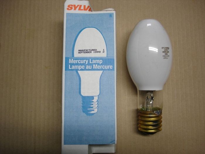 Sylvania 100W Mercury
A Sylvania coated ED 23 1/2 100W mercury lamp with a mogul base.

Manufacture date: Sept.12,1998
3700K
3400 Lm
45 CRI
Keywords: Lamps