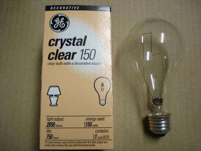 GE Crystal Clear
Here's a Canadian GE 150W Crystal Clear lamp.
Voltage: 120V
Lumens: 2850
Lamp life: 750 hours
Filament: CC-8
Lamp shape: A21
Made in: Canada
Base: Medium E26
Keywords: Lamps