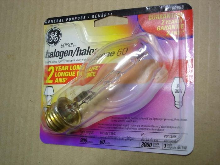 GE Edison Halogen
Here's a GE Edison 60W long life halogen lamp that provides whiter brighter light.
Voltage: 120V
Date: Dec. 2007
Lumens: 900
Lamp life: 3000 hours
Filament: C-8 Axial
Lamp shape: BT 14.5
MAde in: Hungary
Colour temp: 2800K
Base: Medium E26 brass
CRI: 100
Keywords: Lamps