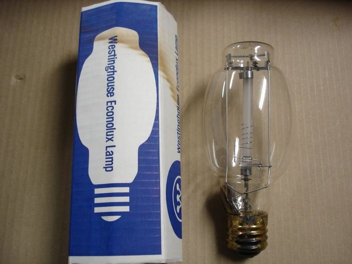 Westinghouse 215W Econolux
Here's a 215W Westinghouse Econolux HPS retrofit lamp for use in 250W mercury vapour fixtures.

Manufacture date: Jan. 1984
Base: Mogul E39 Brass
Lamp shape: BT28
Made in: USA
Ballast: H37
Keywords: Lamps