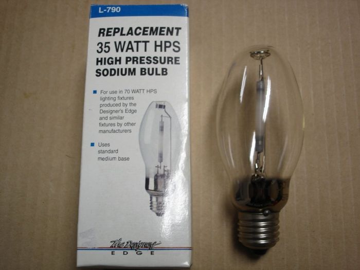Designer's Edge 35W HPS
Here's a Designer's Edge clear 35W high pressure sodium lamp,the package has a printing error stating for use in 70W HPS fixtures.

Manufacture date: Late 90's to early 2000's
Colour temp: ~2000K
CRI: ~22
Base: Medium E26
Lamp shape: ED18
Made in: China
Lamp life: 24000 hours
Ballast: S76
Keywords: Lamps