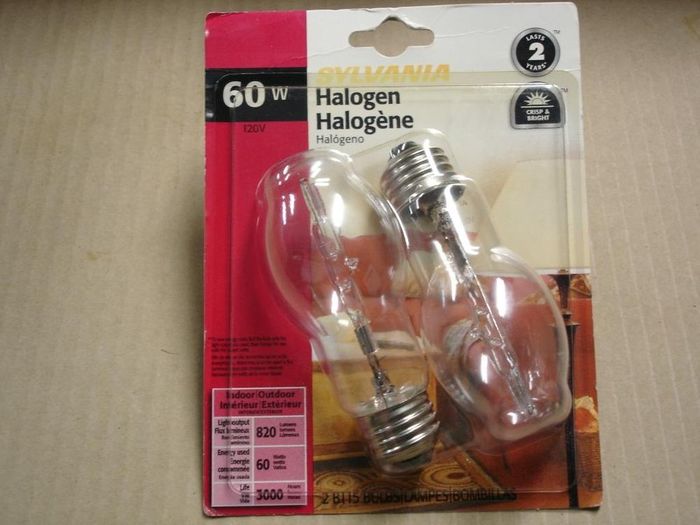 Sylvania 60W Halogen
A pair of old stock Sylvania halogen lamps,these have a small filament outside of the halogen envelope to extinguish the lamp if the outer glass is broken.
Voltage: 120V
Date: Late 90's
Lumens: 820
Lamp life: 3000 hours
Filament: CC-8 Axial
Lamp shape: BT-15
Made in: Germany
Keywords: Lamps