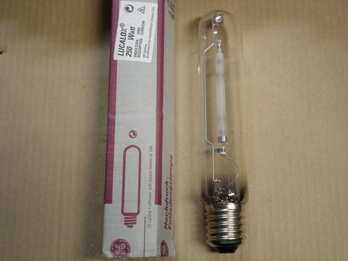 GE 250W Lucalox Lamp
Here is a 250W tubular GE Lucalox HPS export lamp.
Colour temp: 2000K
Lumens: 27500
CRI: 25
Base: Mogul E40 nickel plated
Lamp shape: T15
Made in: 
Lamp life: 28500 hours
Keywords: Lamps