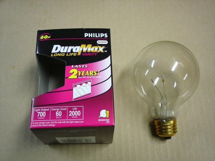 Philips 60W DuraMax Globe
Here's a Philips 60W DuraMAx Long Life vanity lamp.
Voltage: 120V
Lamp life: 2000 hours
Filament: C-9
Lamp shape: G25
Made in: China
Base: Medium E26 brass
Keywords: Lamps