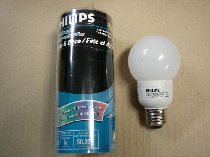 Philips LED Lamp
Here's a Philps Party & Deco colour changing LED lamp,it cycles through 7 colours.
Voltage: 120V
Current: 50 mA
Date: Sept. 2007
Lamp life: 50,000 hours
Lamp shape: G19
Made in: China
Base: Medium E26
Keywords: Lamps