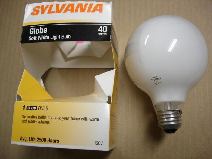 Sylvania Globe
Here's a coated 40W Sylvania globe lamp.
Voltage: 120V 
Date: Jan. 2007
Lamp life: 2500 hours
Filament: C-9
Lamp shape: G30
Made in: Mexico

Keywords: Lamps