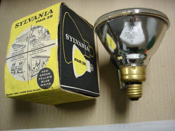 Sylvania Flood
A Vintage NOS Canadian Sylvania indoor/outdoor 150W projector flood lamp.
Voltage: 125V
Date: 1950's
Filament: CC-6
Lamp shape: PAR 38
Made in: Canada

Keywords: Lamps