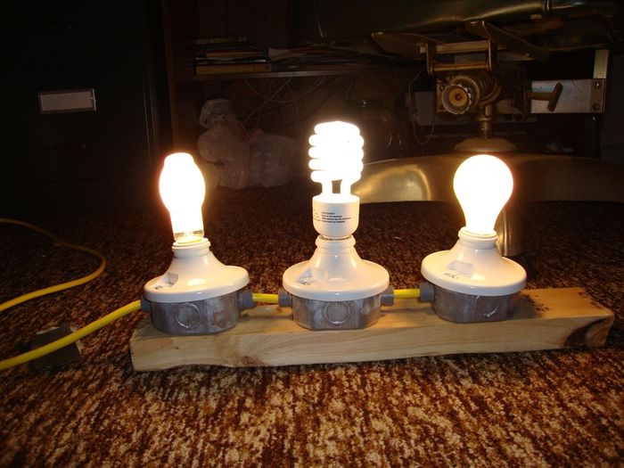 Lamp Display 
This is a display I made to show the common three household lighting sources, Incandescent, Halogen and CFL, the Incandescent and Halogen are 100 watts and the CFL is 23.
Keywords: Miscellaneous