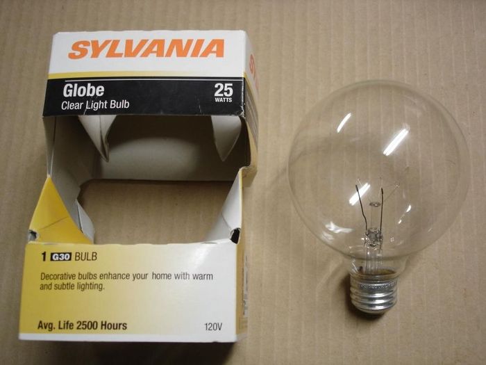 Sylvania Globe
Here's a clear 25W Sylvania globe lamp.
Voltage: 120V
Lamp life: 2500 hours
Filament: C-9
Lamp shape: G30
Made in: Korea

Keywords: Lamps