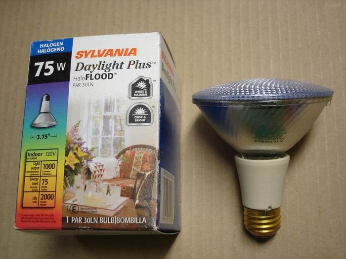 Sylvania 75W Daylight Plus Halogen
Here's a Sylvania 75W Daylight Plus with a permanently attached porcelain neck.
Voltage: 120V
Date: Mar.2004
Lumens: 1000
Lamp life: 2000 hours
Filament: CC-8 Axial
Lamp shape: PAR30
Made in: Mexico

Keywords: Lamps