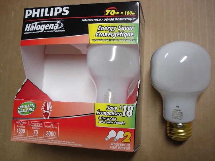 Philips Halogena 70W
A two pack of Philips 70W  Halogena lamps.
Voltage: 120V
Date: Aug.2009
Lumens: 1600
Lamp life: 3000 hours
Filament: CC-8 Axial
Lamp shape: T60
Made in: Mexico
Base: Medium E26 brass
Keywords: Lamps